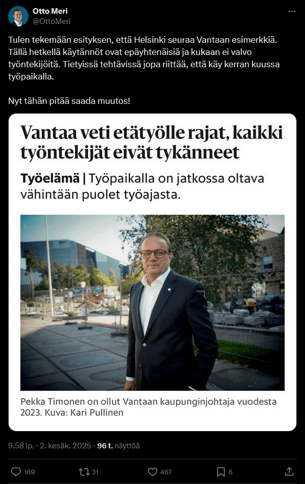 Otto Meri kertoo X:ssä tekevänsä esityksen etätöiden rajaamisesta Vantaan esimerkkiä noudattaen