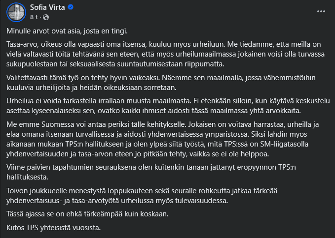 Sofia Virta kommentoi TPS:n hallituseroa